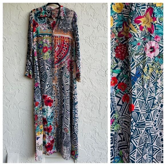 JOHNNY WAS Dress Women Small Maxi Button Down Boho Oversized Coverup Resort RARE - Picture 1 of 11